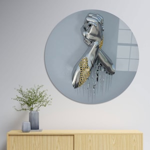 3d Silver Metallic Wall Art, 3d Metallic Hand Glass Decor, 3D Wall Art Decor, Modern Canvas, Personalized Gift, Tempered Glass, Gift For Him
