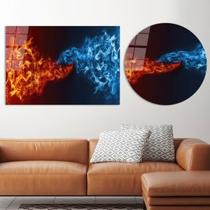 Abstract Fire and Ice Wall Art, Modern Art, Glass Wall Art, Framed Canvas Art, Red Vs Blue Canvas Gift, Bridesmaid Gift Canvas Poster,