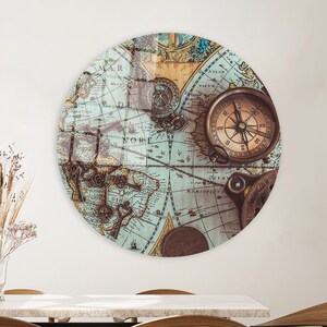 Brass Pocket Compass Wall Art, Painted Glass, Map Glass Wall Art, Compass Art, Printable Wall Art, Art Canvas, Office Wall Decor, Canvas Art