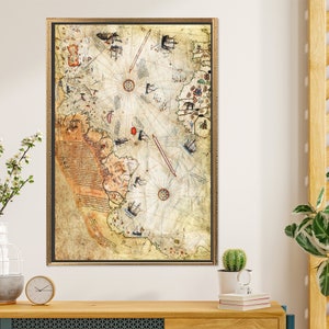 Trendy Canvas Print, Boho Wall Decor Glass Wall, Piri Reis Map Canvas, Map Glass, Antique Map Glass Art, Gift For The Home Art Glass, GOLD FRAMED CANVAS
