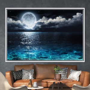 Full Moon Wall Art, Moon Over the Sea Canvas, Canvas Print, Landscape Wall Decor, Glass Wall Art, Kitchen Decor, Sea Landscape Wall Art,