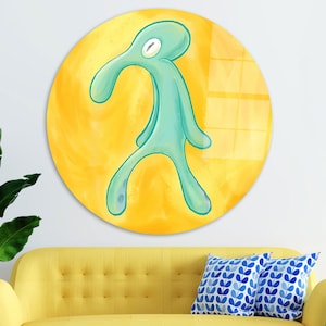Modern Wall Art, Bold And Brash Tempered Glass, Squidward Painting Print, Squidward Glass, Gift For Him Art Canvas, Yellow Wall Art,
