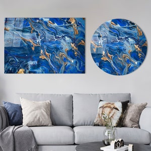 Blue Marble Canvas Art, Navy Blue Wall Art, Living Room Wall Art, Glass Wall Art, Home Decor Art, Modern Canvas, Tempered Glass, Home Decor,
