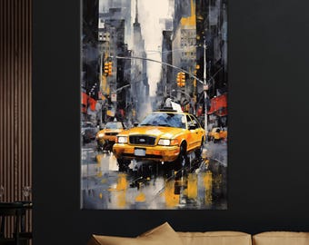 NYC Yellow Taxi Canvas Art: Rainy City Street Scene