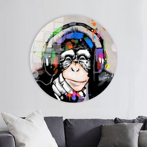 Thinking Monkey Glass Decor, Animal Glass Panel, Colorful Monkey Art Glass, Banksy Monkey Art Canvas, Banksy Wall Art, Graffiti Wall Decor,
