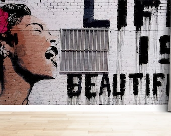 Banksy Life Is Beautiful Wallpaper, Woman Graffiti Wall Art, Banksy Wall Decor, Self Adhesive Paper, Paper Craft, Wallpaper Border,