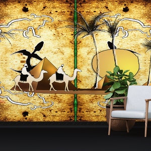 Camel And Egypt Wall Poster, Egypt Landscape Paper Art, Desert Landscape Wall Mural, Abstract Wall Decor, Stick On Wallpaper Art Deco,