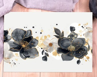 Könnte beinhalten: Aquarell-Kunstdruck mit dunkelgrauen und goldenen Blumen mit weißen Akzenten auf hellem Hintergrund. Das Design umfasst schwarze Tintenspritzer und Goldblattdetails, die ein elegantes botanisches Thema schaffen.