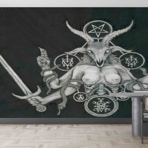 Satanic Demon Wallpaper, Black Wall Print, Satanic Mural, 3D Wall Mural, Removable Wallpaper, Gift For Him, Modern Wall Decals, Wallpaper,