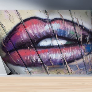 Lip Graffiti Mural, Colorful Wall Art, Lip Wallpaper, Removable Wall Paper, Graffiti Wall Mural, Loft Wall Art, Woman Wall Paper,