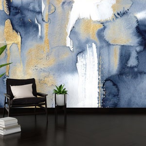 3D Wall Mural, Removable Wallpaper, Wallpaper By The Yard, Housewarming Gift, Blue And Gold Painting Wall Mural, Navy Blue Wallpaper,