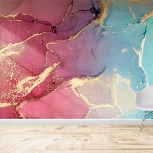 3D Papercraft, Contact Paper, Wallpaper Patent, Gift For Him, Pink And Blue Marble Digital Paper, Gold Marble Mural, Modern Wall Decals,