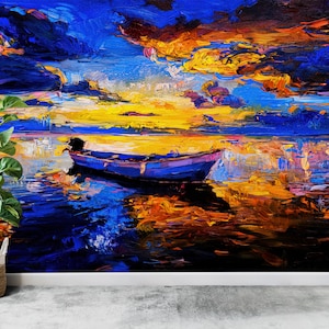Paper Wall Art, 3D Paper, Wallpaper Border, Housewarming Gift, Abstract Sea Painting Mural, Boat Wall Art, View Wall Mural, Coastal Decor