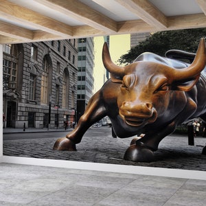 New York Bull Wall Art, Bull Wallpaper, Bronze Bull Wallpaper, Animal Statue Wall Art, 3D Wall Mural, Wallpaper Mural Art, Custom Wallpaper,