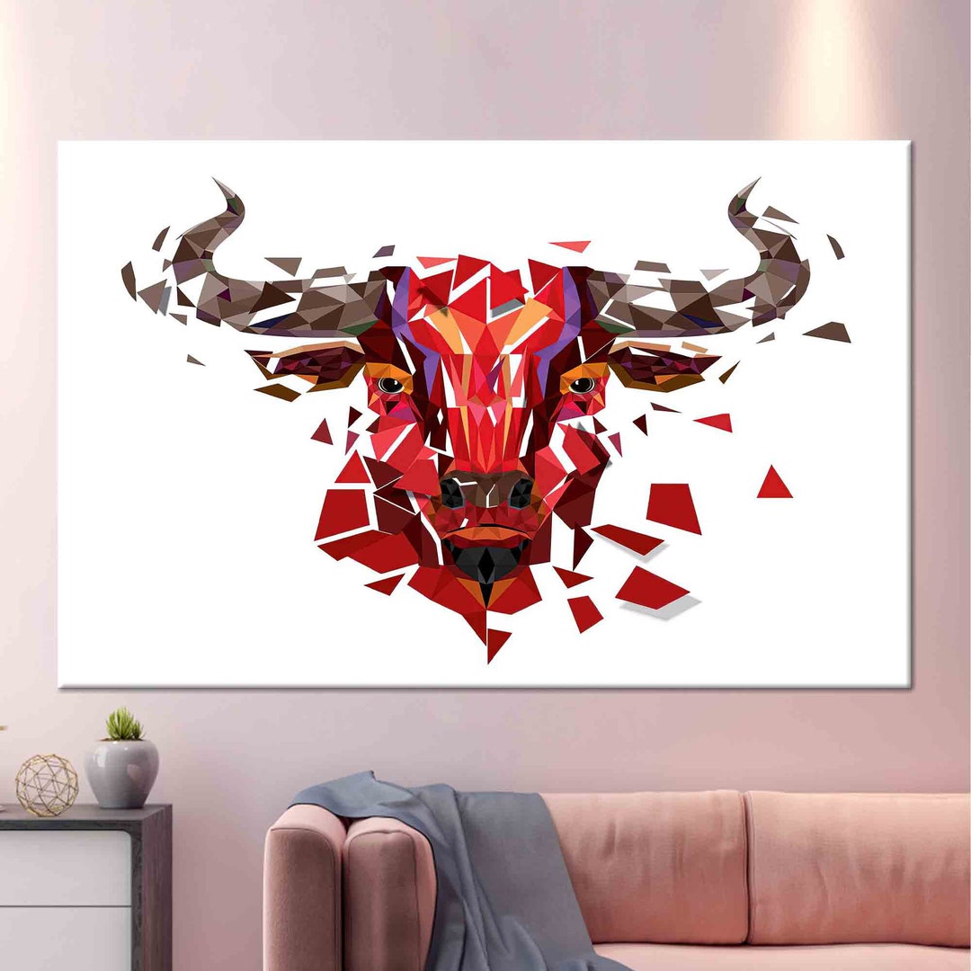 Polygon Bull Wall Art, Red Bull Wall Decor, Animal Printed, Geometric