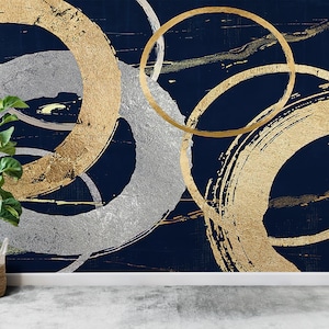 Wallpaper Peel And Stick, Removable Wall Paper, Wall Decoration, Gift For The Home, Gold and Silver Rings Paper Art, Rings Mural,