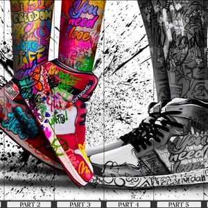 May include: A pair of high-top sneakers with colorful graffiti designs. One shoe has a red base with black, white, and blue accents. The other shoe has a white base with black, gray, and red accents. Both shoes feature the text "You need love" and "Shoelace".