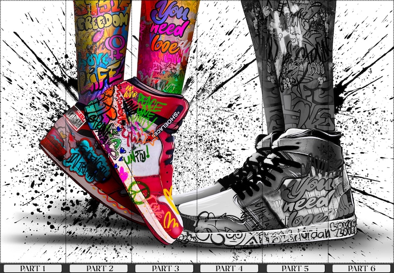 May include: A pair of high-top sneakers with colorful graffiti designs. One shoe has a red base with black, white, and blue accents. The other shoe has a white base with black, gray, and red accents. Both shoes feature the text "You need love" and "Shoelace".