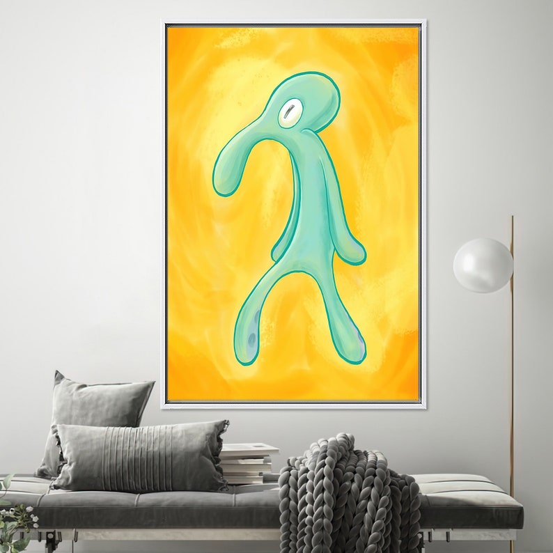 Modern Wall Art, Bold And Brash Tempered Glass, Squidward Painting Print, Squidward Glass, Gift For Him Art Canvas, Yellow Wall Art, WHITE FRAMED CANVAS