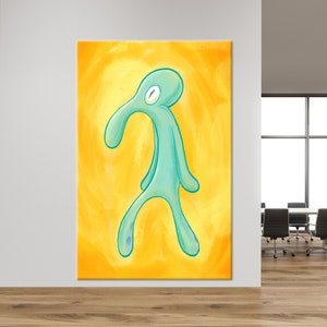 Modern Wall Art, Bold And Brash Tempered Glass, Squidward Painting Print, Squidward Glass, Gift For Him Art Canvas, Yellow Wall Art,