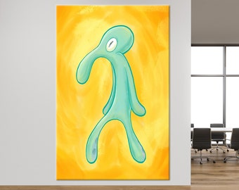 Modern Wall Art, Bold And Brash Tempered Glass, Squidward Painting Print, Squidward Glass, Gift For Him Art Canvas, Yellow Wall Art,