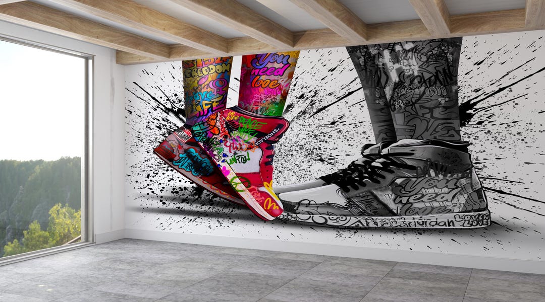 Michael Jordan 3D ウォールアート 3D Papercraft, Love in Jordan Shoes Wall Mural, Air Jordans Wall