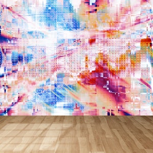 May include: Abstract digital art print with a colorful, pixelated design featuring a mix of red, pink, blue, and white. The design includes a pattern of binary code.