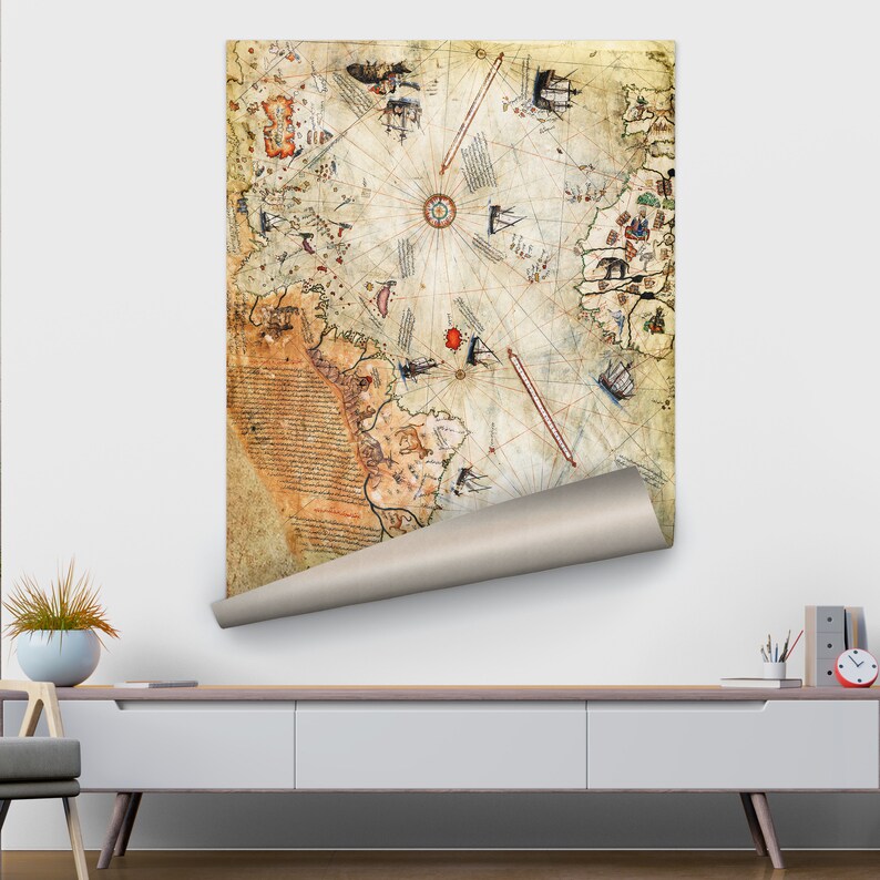 Trendy Canvas Print, Boho Wall Decor Glass Wall, Piri Reis Map Canvas, Map Glass, Antique Map Glass Art, Gift For The Home Art Glass, ROLLED CANVAS