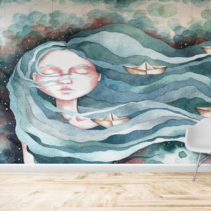 Abstract Wall Art, Abstract Sea Wallpaper, Girl Wallpaper, Modern Wall Art, Wallpaper Peel And Stick, Girl Room Wallpaper, Blue Wallpaper,