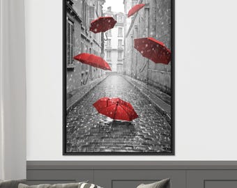 Red Umbrella Paris Print: Black and White Street Photography