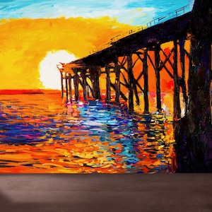 Sunset Landscape Mural, Dock And Sunset Wall Paper, Papercraft 3D, Sea Wall Paper, Yellow Wallpaper, Coastal Wall Paper, Living Room Decor,