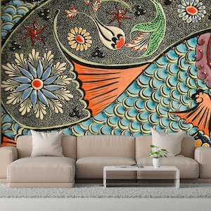 Mosaic Fish Effect Wall Art, Abstract Fish Wallpaper, Colorful Wall Decor, Animal Wall Decor, Blue Wall Mural, 3D Paper Craft, 3D Wall Mural