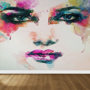 Colorful Woman Face Wall Paper, Woman Face Paper Art, Woman Portrait Wall Decor, Gift Wallpaper, 3D Modern Wallpaper, Custom Wall Paper,