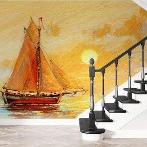 Decals For Walls, Papercraft 3D, 3D Wallpaper, Gift For Her, Fishing Boats Paiting Wall Stickers, Seascape Paper Craft, Landscape Mural,