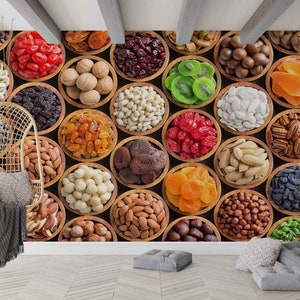 Colorful Foods Wallpaper, Nuts Wall Print, Spices Mural, Fruits Wallpaper, Kitchen Wall Decor, Modern Paper Art, Gift For Him, 3D Wall Art,