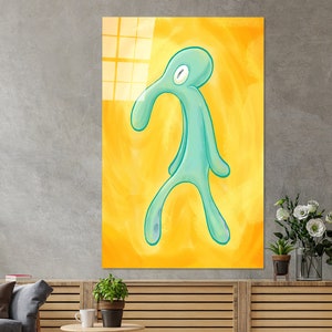 Modern Wall Art, Bold And Brash Tempered Glass, Squidward Painting Print, Squidward Glass, Gift For Him Art Canvas, Yellow Wall Art, GLASS ART