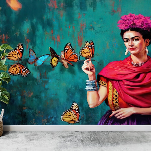 Decals For Walls, Abstract Mural, Paper Wall Art, Wall Poster, Famous Wallpaper, Frida With Butterflies Wall Mural, Frida Kahlo Wallpaper,