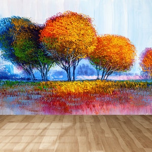 Wall Paper Peel And Stick, Modern Wallpaper, Patterns And How To, Gift For Her, Colorful Trees Painting Paper Craft, View Paper Art,