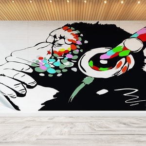 Modern Wall Decal, Bright Wall Paper, Room Wall Decor, Gift For Her, Banksy Thinking Monkey Wall Decals, Dj Monkey Wall Poster,