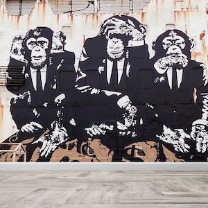 Wall Covering, Decor For Wall, 3D Wall Mural, Gift For Him, Banksy Three Wise Monkeys Wallpaper, Banksy Monkey Wallpaper, Graffiti Wallpaper