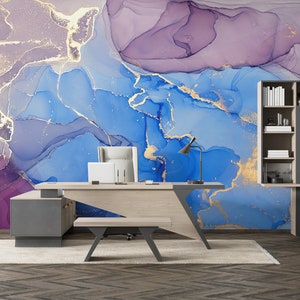 Wall Paper Peel And Stick, 3D Printing Art, Removable Wallpaper, Housewarming Gift, Purple And Blue Marble Wall Decals, Blue Marble Mural,