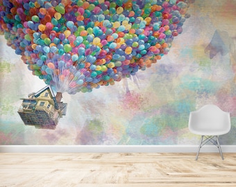 Wall Mural Wallpaper, Removable Wall Paper, Decals For Walls, Gift Wallpaper, Colorful Air Balloons Paper Art, Up Movie Paper Art,