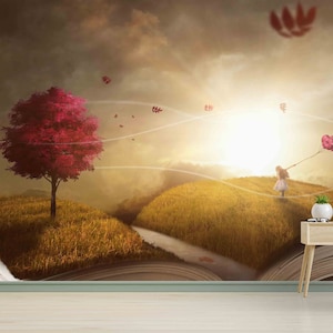 Nature Inside The Book Wallpaper, Library Wall Poster, Book Lover Gift, Self Adhesive Paper, Wall Covering, Modern Wall Paper, 3D Wallpaper,
