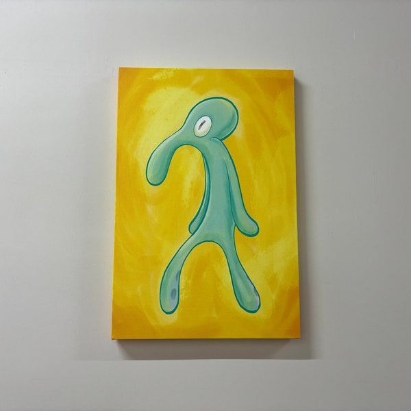 Modern Wall Art, Bold And Brash Tempered Glass, Squidward Painting Print, Squidward Glass, Gift For Him Art Canvas, Yellow Wall Art,