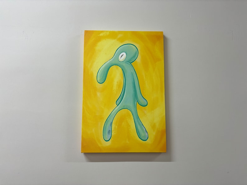 Modern Wall Art, Bold And Brash Tempered Glass, Squidward Painting Print, Squidward Glass, Gift For Him Art Canvas, Yellow Wall Art, image 1