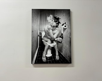 Funny Retro Bathroom Wall Art – Black & White Woman on Toilet Poster