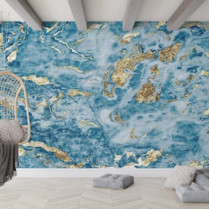 Stick On Wallpaper Art Deco, 3D Wall Paper, 3D Papercraft, Gift For The Home, Blue and Gold Marble Wall Poster, Blue Marble Wall Mural,