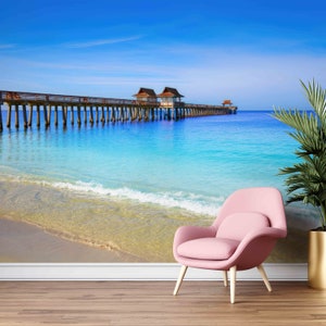 Naples Pier Wall Paper, Custom Wall Paper, Coastal Wall Paper, Florida Wall Art, Beach Landscape Wall Print, Do It Yourself, Blue Wallpaper,