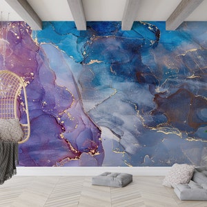 Custom Wall Paper, Personalized Wallpaper, Wall Decals Murals, Gift Wallpaper, Purple And Blue Marble Wall Art, Blue Marble Wall Paper,