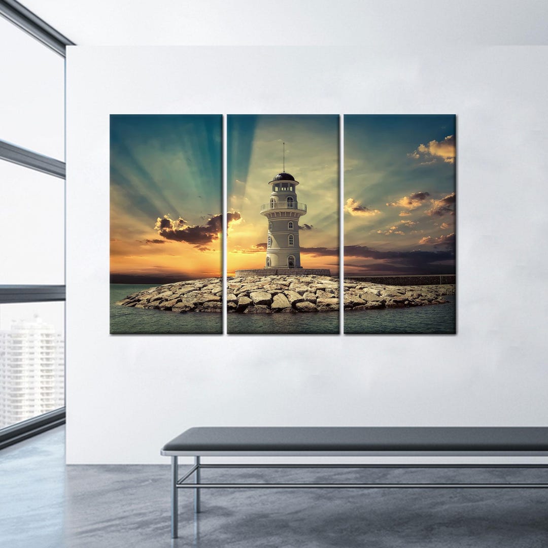 Sunset Art Wall Decor, Ocean Wall Decoration, Lighthouse Canvas Decor ...